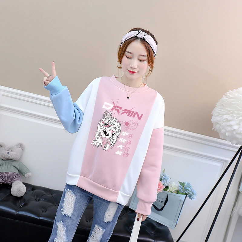 

Женские толстовки с капюшоном, повседневный флисовый топ с круглым вырезом и мультяшным принтом в стиле аниме, милый свитшот в стиле Харадз...