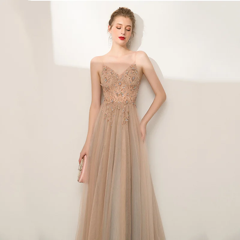 

SEXY Spaghetti Strap Evening Party Gown Lady Qipao Deep V-neck Blackless High Split Robe De Soiree Rhinestone Lady Mesh Vestidos