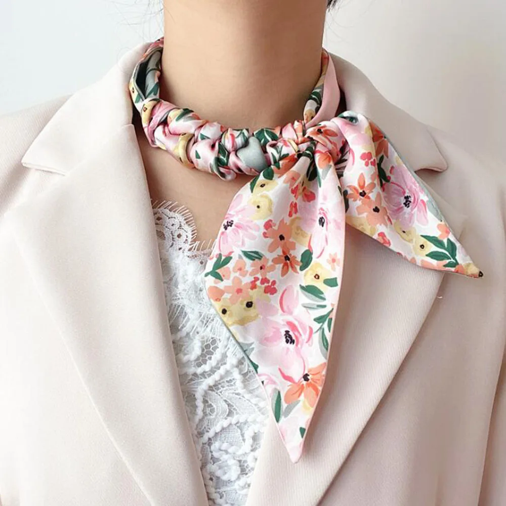 

Модный Шелковый шарф с цветочным принтом 2021, женские тонкие длинные шарфы на шею, узкая офисная Дамская шаль, банданы, женские обтягивающие ...