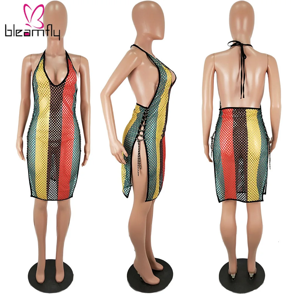 Новинка женское летнее платье в радужную полоску Сетчатое с вырезами на шнуровке