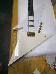 Custom White Abstract Lightning Bolt 4 Strings Electric Bass Guitar, 23 frets custom made all guitars