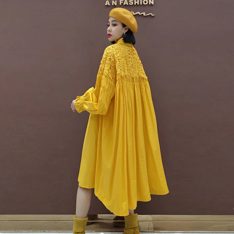 

CHICEVER Yellow Patchwork Lace Dress For Women Lapel Collar Long Sleeve Solid Dresses Female Fashion Clothing 2021 Fashion New