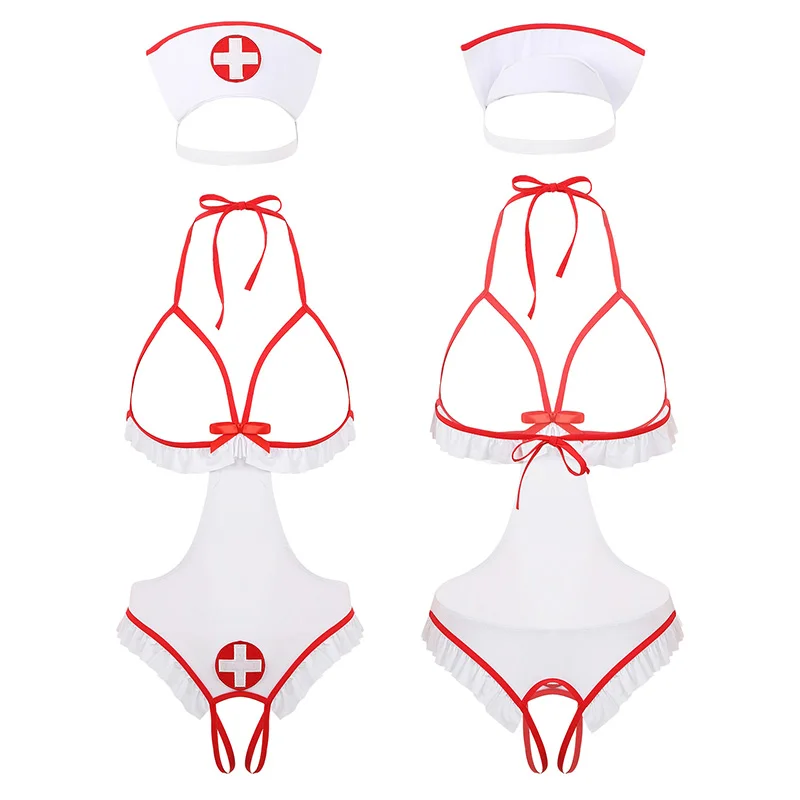

Сексуальный женский Фэнтезийный костюм для косплея, озорная медсестра, Женский комплект одежды с бретелькой через шею, боди без выреза с повязкой на голову