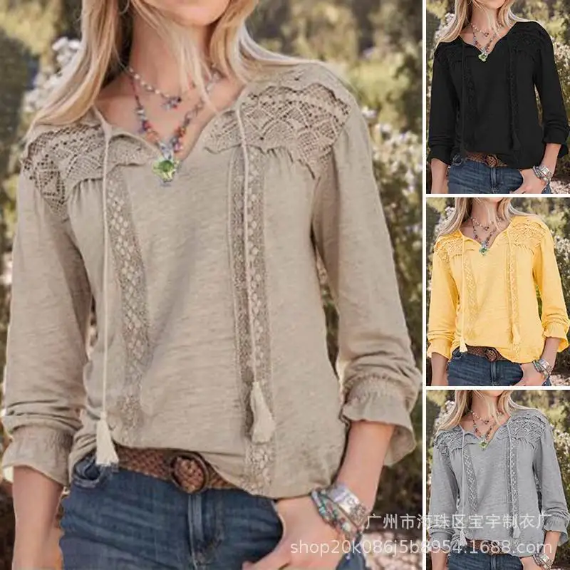 

Large size women's casual shirt 2021 spring and summer women's lace hollow blouse stitching hedging V-neck Women's blouse