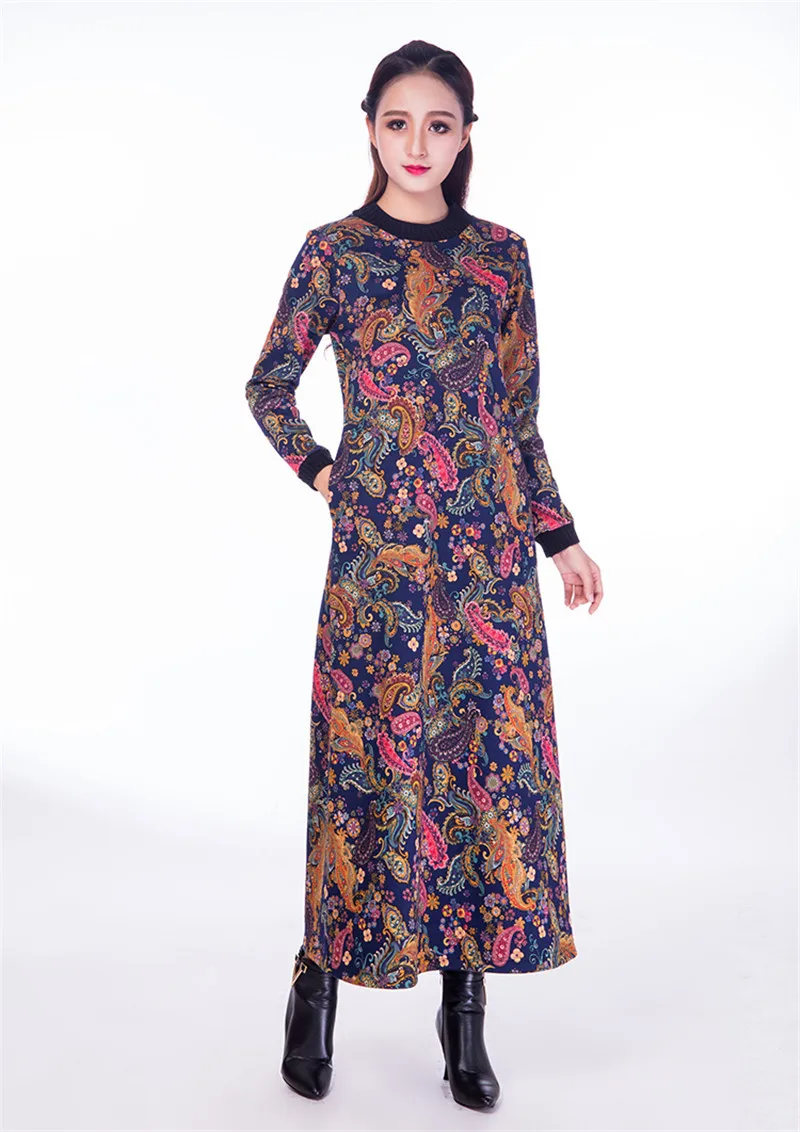 Женское винтажное длинное платье с цветочным принтом народное плотное