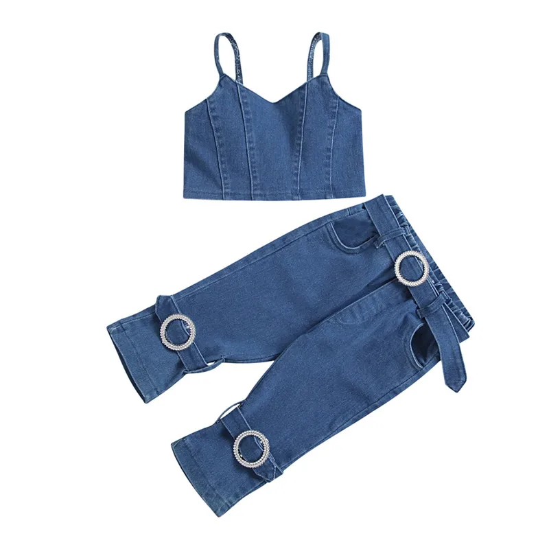 

2 Pcs Infant Summer Outfits Baby Girl Solid Color Spaghetti Strap V-neck Tank Top + Jeans with Movable Buckle Pocket