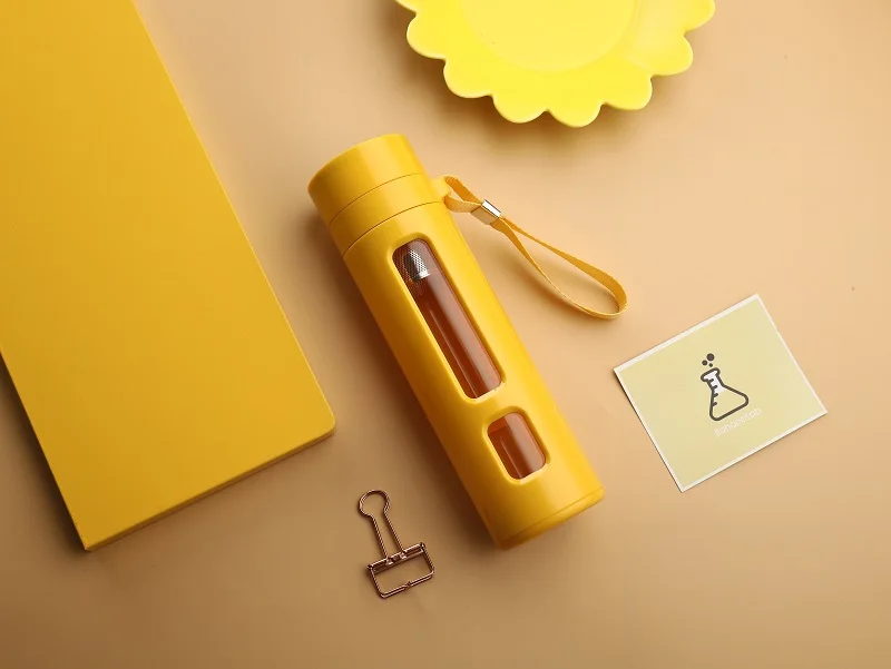 Yellow380ml Чайная бутылка стеклянная Изолированная короткая герметичная портативная с отделением для заварки чая стеклянная бутылка Защита подарок напиток чайник бутылка - Цвет: Yellow380ml