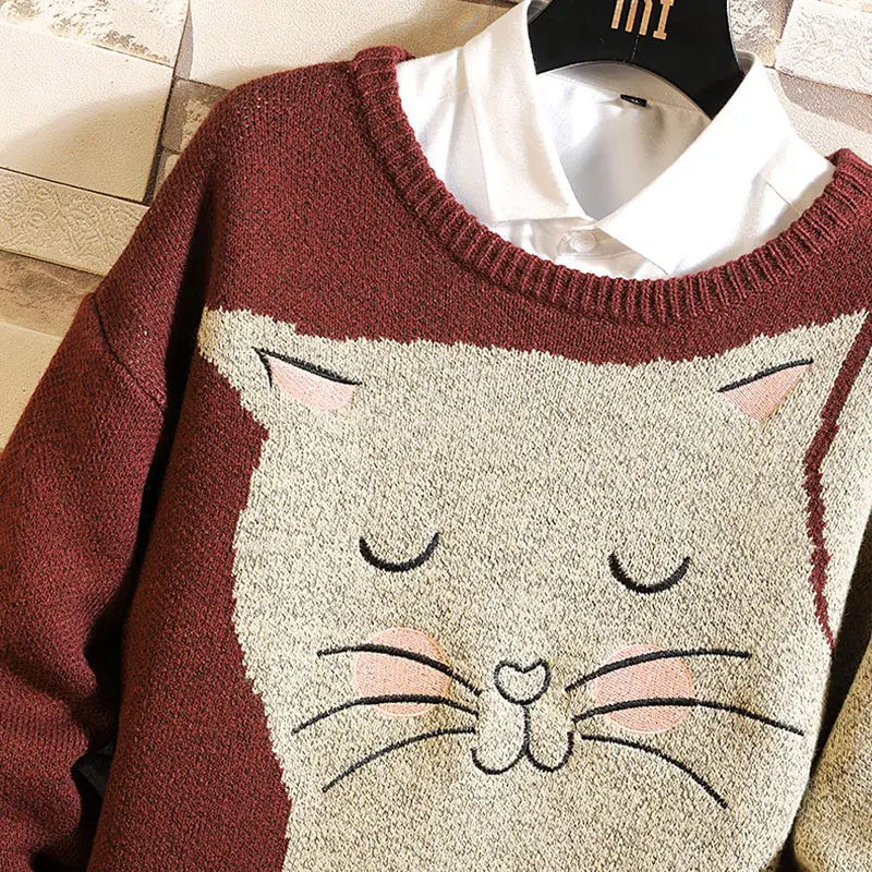 Осенний корейский модный свитер для мужчин и женщин с милым рисунком кота