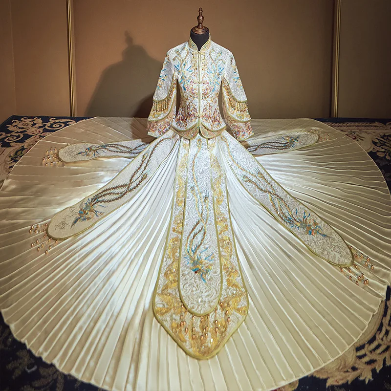 

FZSLCYIYI, изысканные стразы, вышивка, китайский стиль, для невесты, для свадьбы, Cheongsam, традиционное длинное Qipao, женское платье для свадьбы