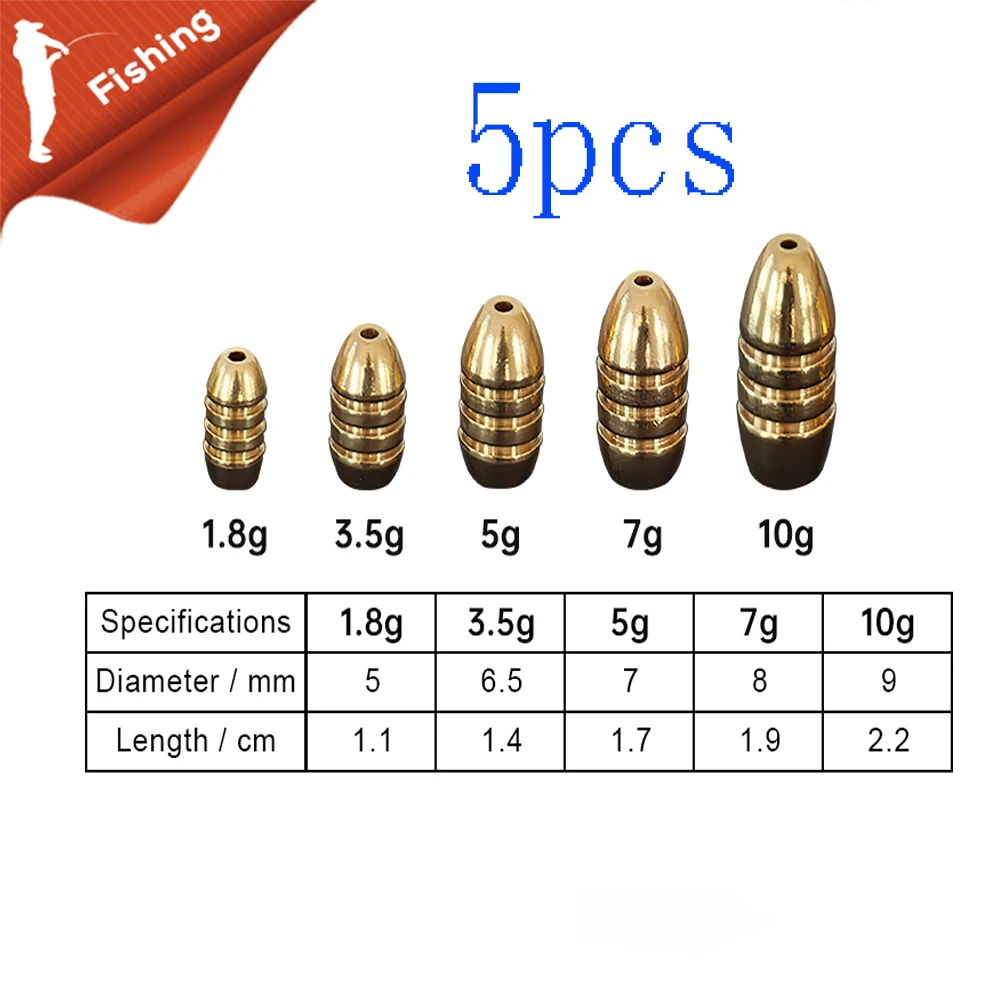 

5 Pcs Brass Weight Sinker Easy Sink Bullet Brass Weights For Inline Spinner Lure Rotatable Sinker For Fishing Tackle