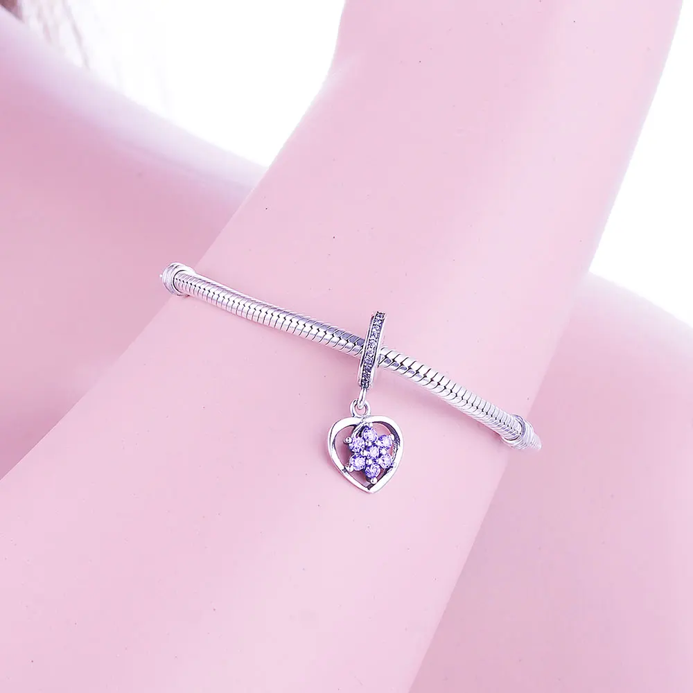 

Fit Original Pandora Charm Bracelet 925 Sterling Silver Purple Clear CZ Flower Pendant Charm Bead DIY Jewelry 2017 Autumn Dangle