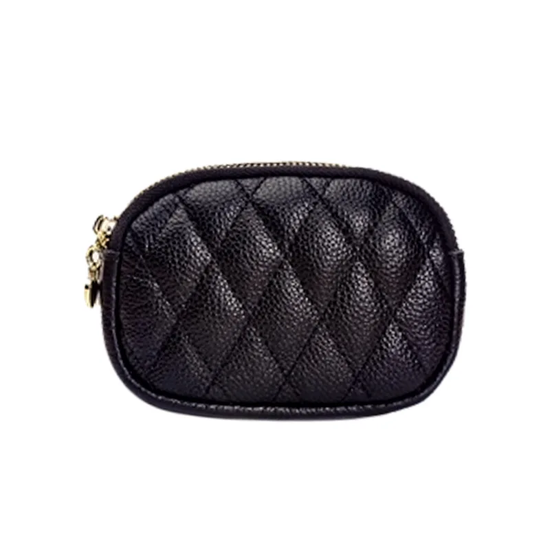 

Coin Purse Female Leather Key Ring Coin Storage Bag 2021 New First Layer Leather Rhomboid Embroidery Thread Double Zipper