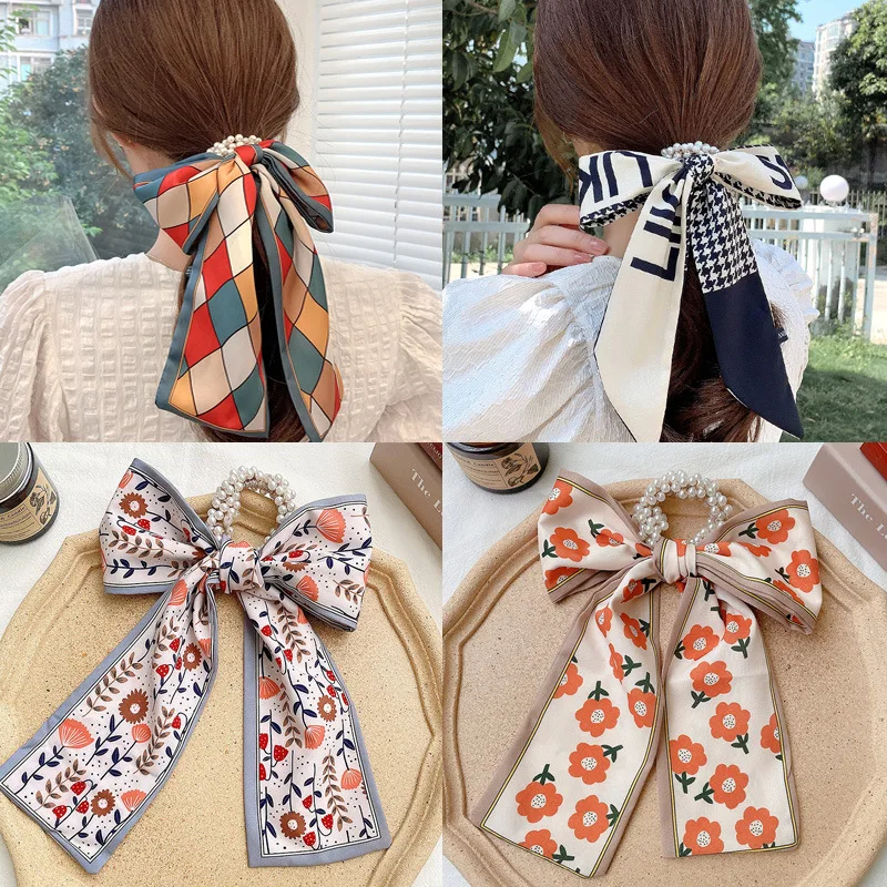 

Резинка для волос с бантом женская, эластичная лента для прически «конский хвост» с жемчужинами, модные аксессуары для волос