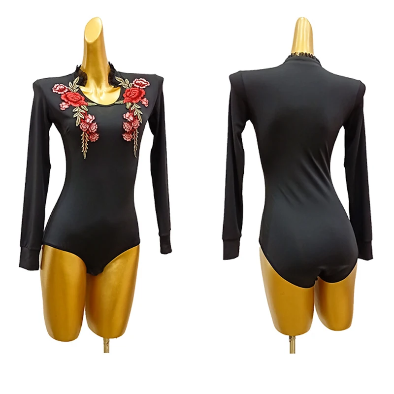 Женские топы для бальных танцев черные кружевные с вышивкой и длинным рукавом