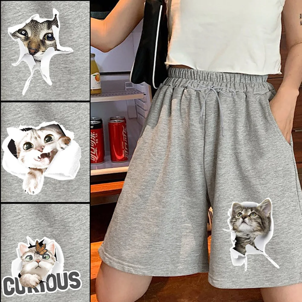 

Шорты женские летние с завышенной талией, с карманами и принтом кошки