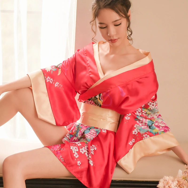 

Red Flower Women Short Kimono Japanese Style Short Kimono Yukata Female Sleepwear Casual Cardigan Cosplay Costumes