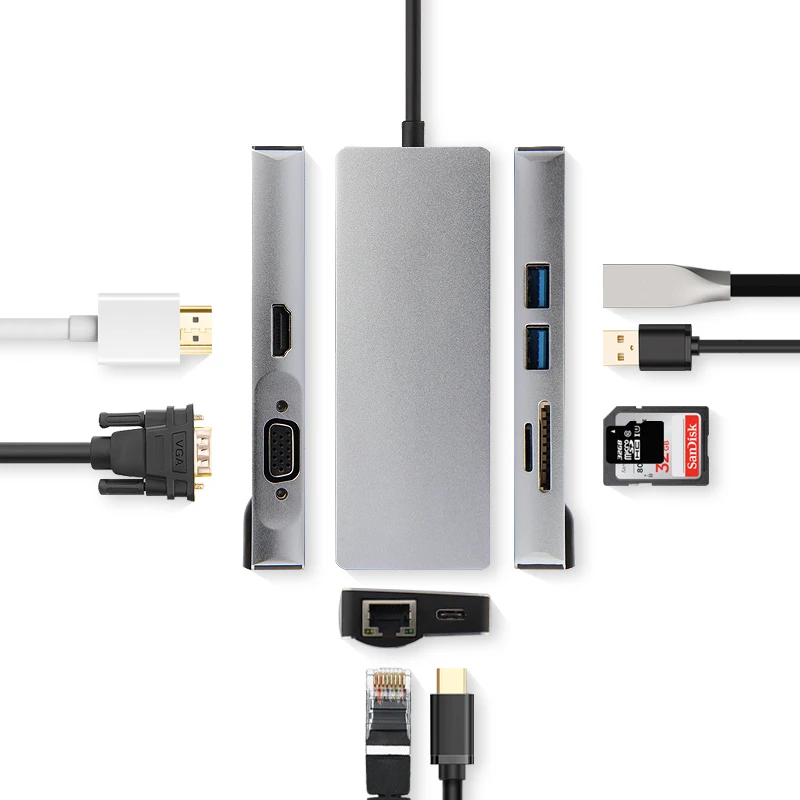 8 in 1 HDMI and VGA Ajiuyu USB C концентратор type-C адаптер док-станция Thunderbolt 3 мульти порт HDMI VGA USB RJ45 Gigabit Ethernet сплиттер для MateBook Pro Air - Цвет: 8 in 1 HDMI and VGA