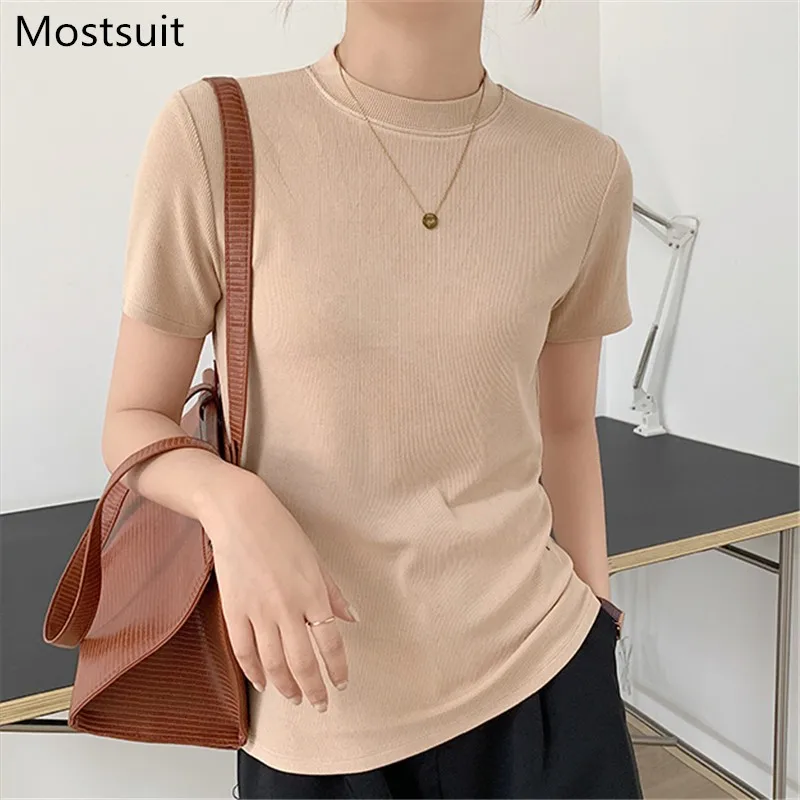 

Однотонная Базовая футболка с коротким рукавом, топы, женские летние корейские повседневные Модные простые футболки с круглым вырезом, жен...