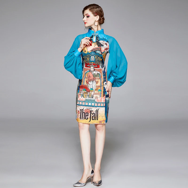 

Fashion Designer Vintage Cheongsam Party Dress 2020 Spring Women Long Sleeve Retro Printed Buckle Collar Casual Dress k5506