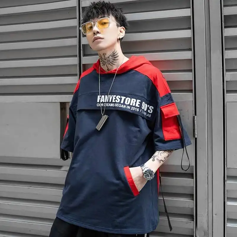 Мужская футболка в стиле хип хоп уличная Харадзюку летняя черная с капюшоном