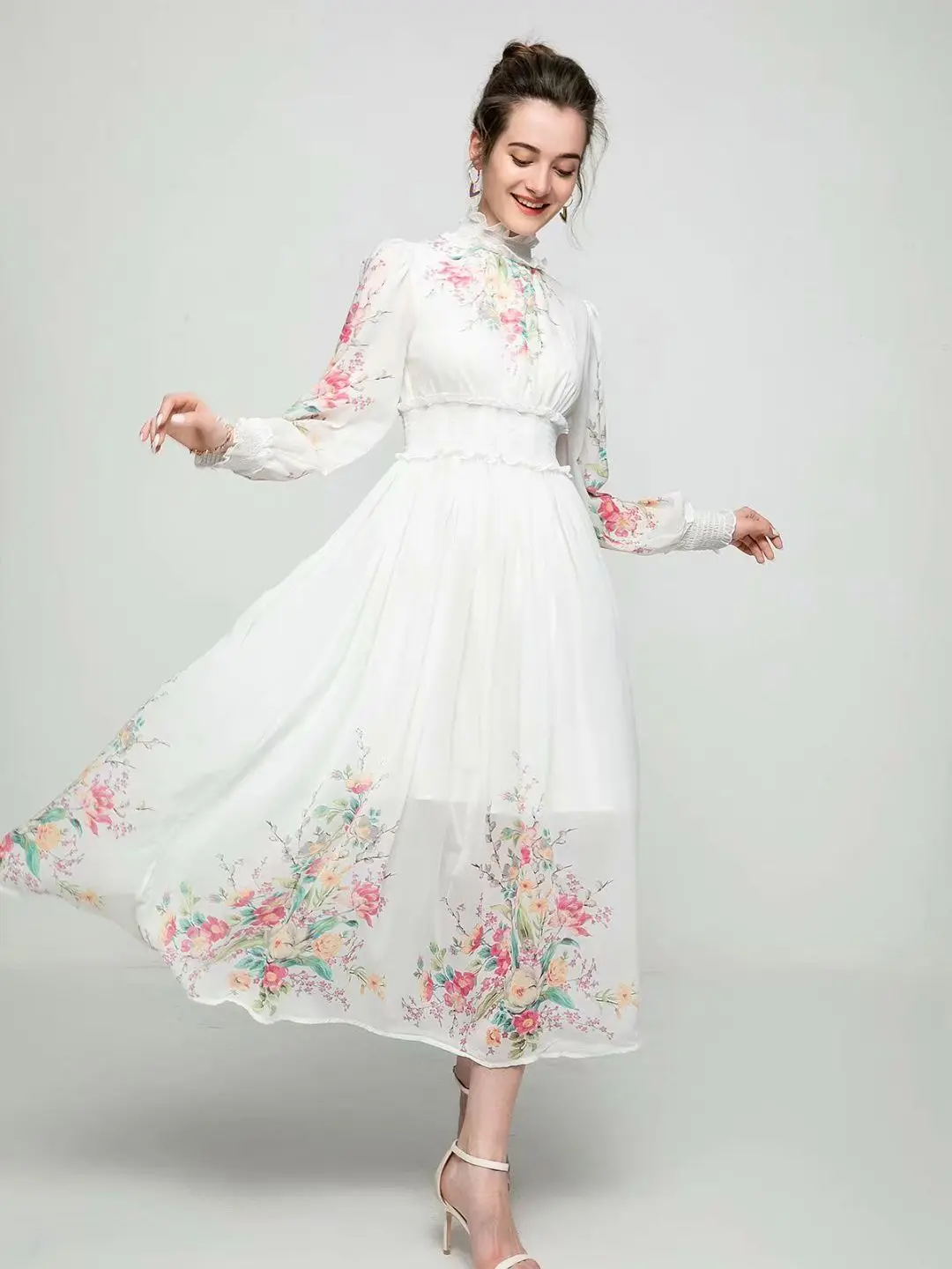 Summer Dress 2021 Ladies Elastic Waist White Elegant Long Sleeve Floral Print Long Dress Boho Holiday Beach Dress