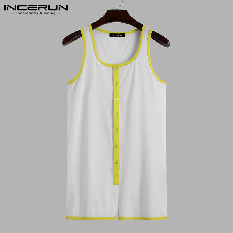 Fashion Patchwork Onesies Buttons Jumpsuits Sleepwear INCERUN Men Sleeveless Romper Pajamas Summer Man Fitness Homewear S-5XL 7