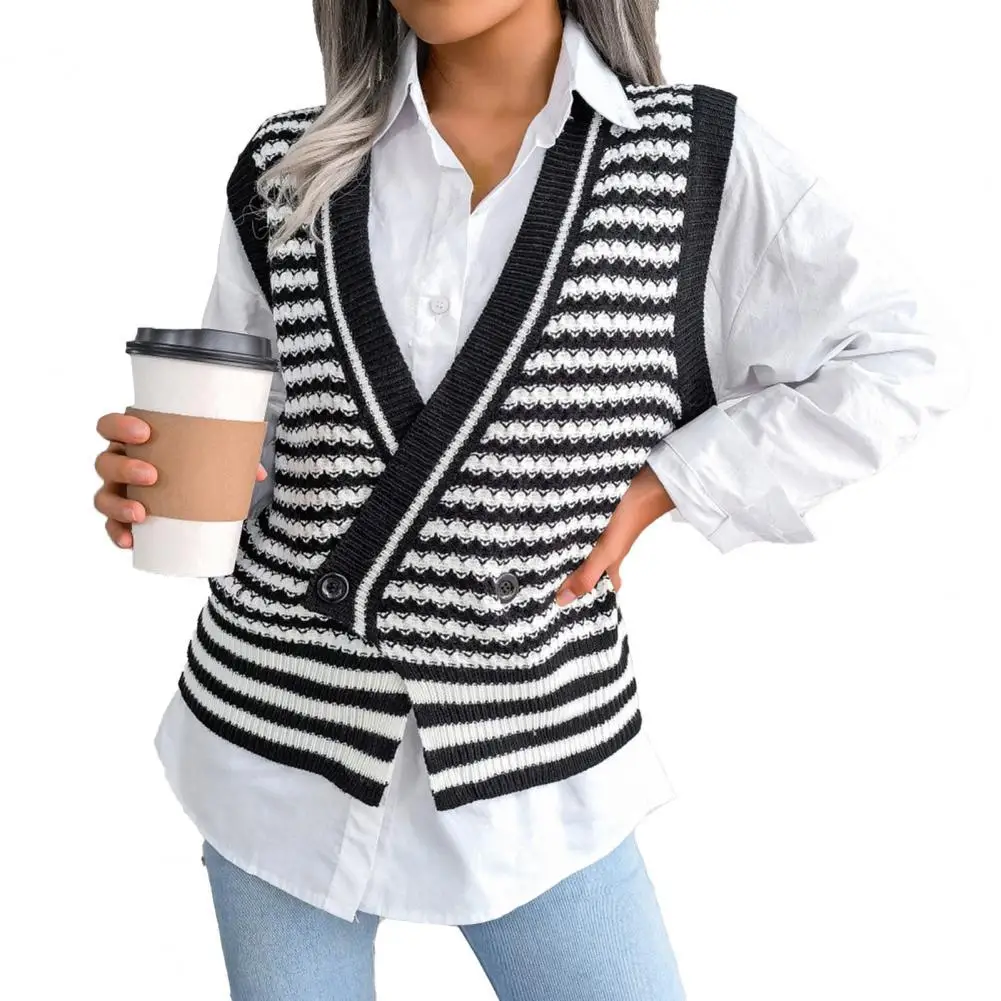 

Sweater Vest Striped Double-breasted Autumn Winter Loose-fitting Vintage Vest for Daily Wear