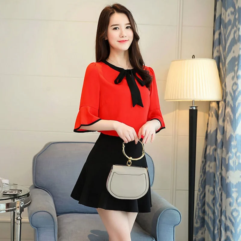 

2020 Summer New Arrival Women Gentle Wind Half Sleeve Flared Sleeve Chiffon Shirt Comfort Shirt