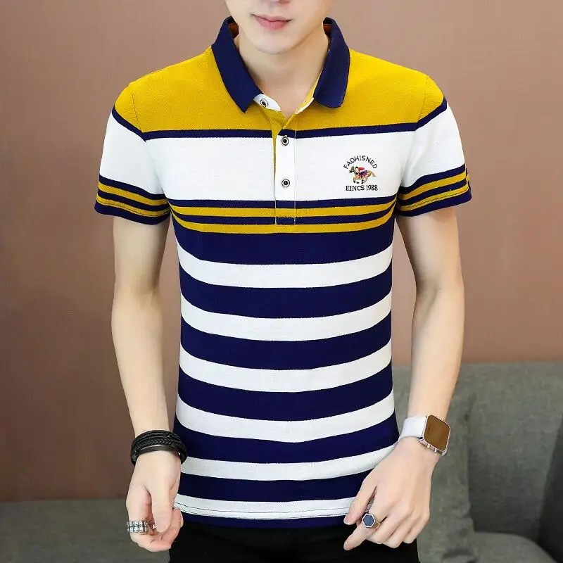 

Мужская хлопковая приталенная рубашка-поло, в полоску