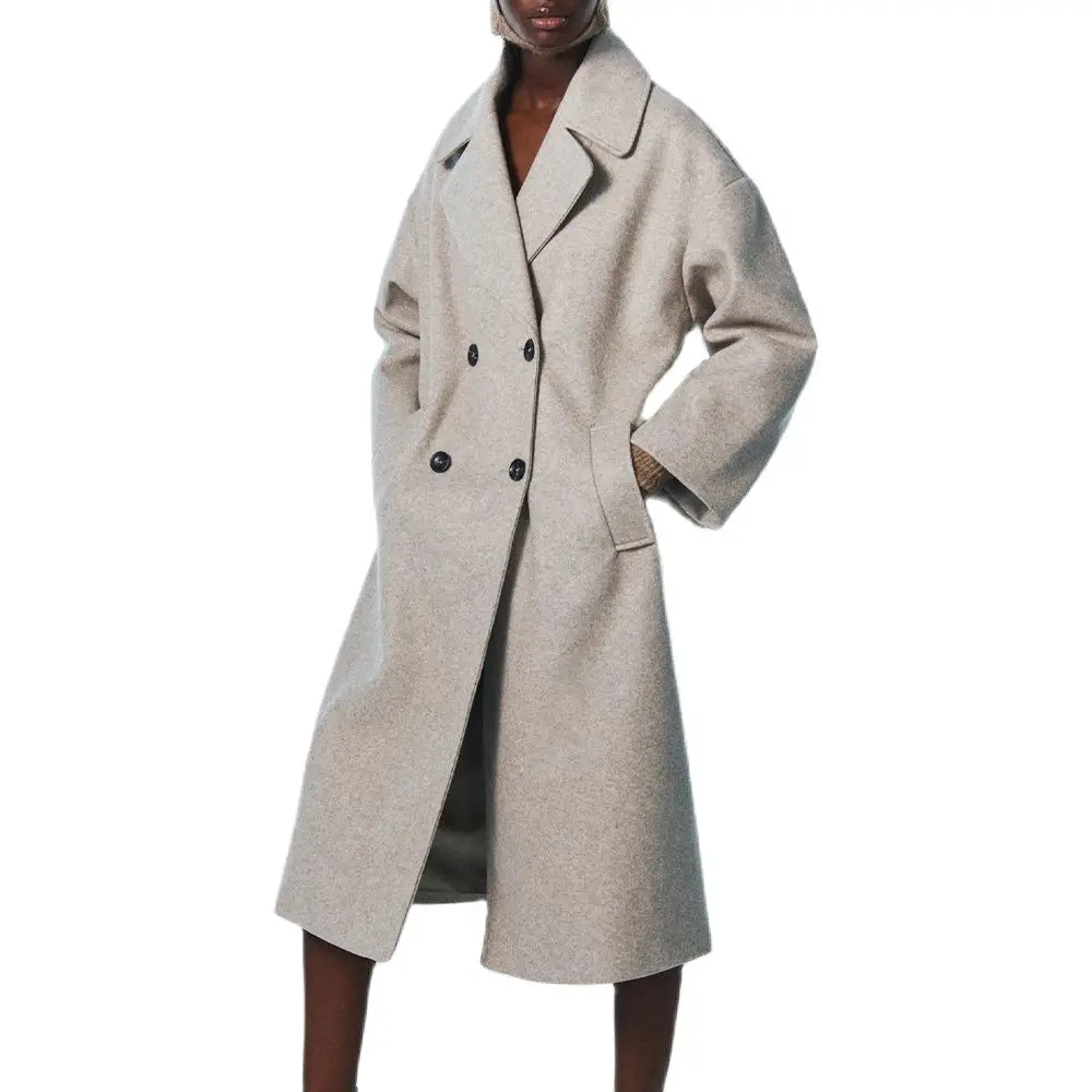 

Za Autumn and Winter Women's Retro New Double-breasted Long Coat Pure Color Fashion Temperament Top All-match Female Chic Jacket
