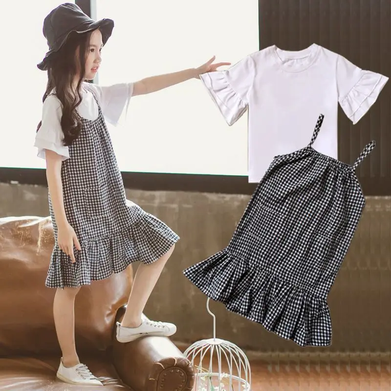 Summer Girls Clothes Plaid Skirts Two Pieces Casual Party Kids Suits Short Sleeve Tops Teenage Girl Clothing 8 10 12 14 years |