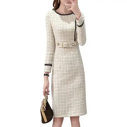 

2019 New Tweed Dress Women Spring Vintage Wool Plaid Dresses Female Elegant Woolen Dress Ladies Office