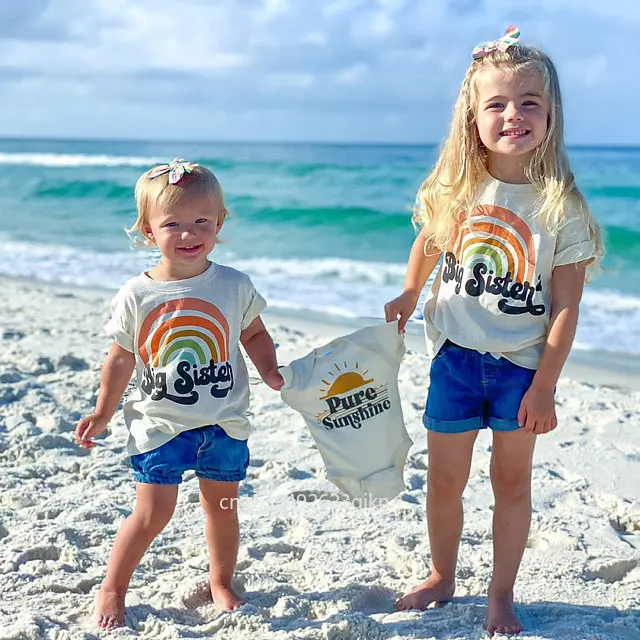 

Kids White T-shirt Top Rainbow Fashion Printing Sibling Tee Shirt Family Casual Fashion Matching Sisters Shirt Children Tshirts