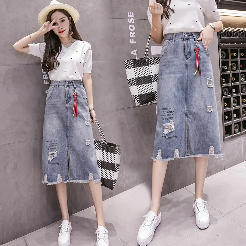 

2022 Summer New Denim Skirt Women Korean Fashion Casual Skirts Hole Denim Mid-length Skirt Fresh and Sweet Women Skirts