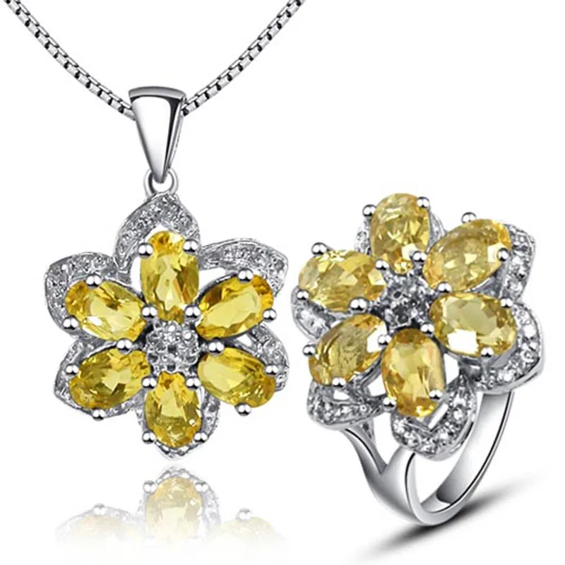 

Luxurious Gemstone Pendant and Ring Set Natural Citrine Crystal Solid 925 Silver Yellow Citrine Stone Jewelry Set Romantic Gift
