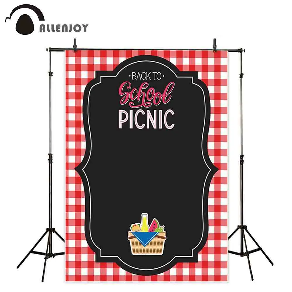 

Allenjoy Back To School Picnic Photocall Basket Fruit Drink Bread Red White Lattice Black Photozone Decor Student Party Curains