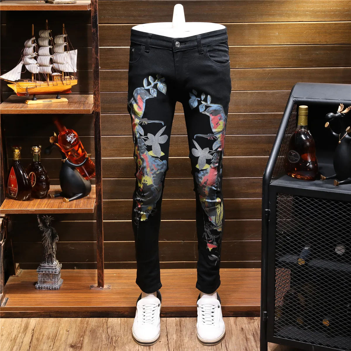 Джинсы с принтом для мужчин повседневные эластичные джинсы в стиле панк ночного