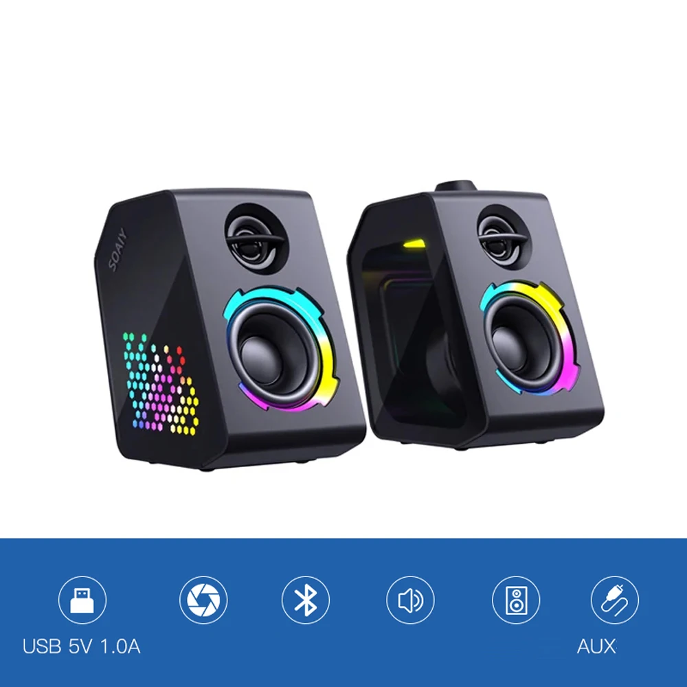 

1 Pair Soaiy SH20 Desktop 30W Speaker Computer Game Wireless Bluetooth 5.0 Bass RGB Light USB TF Card AUX Subwoofer