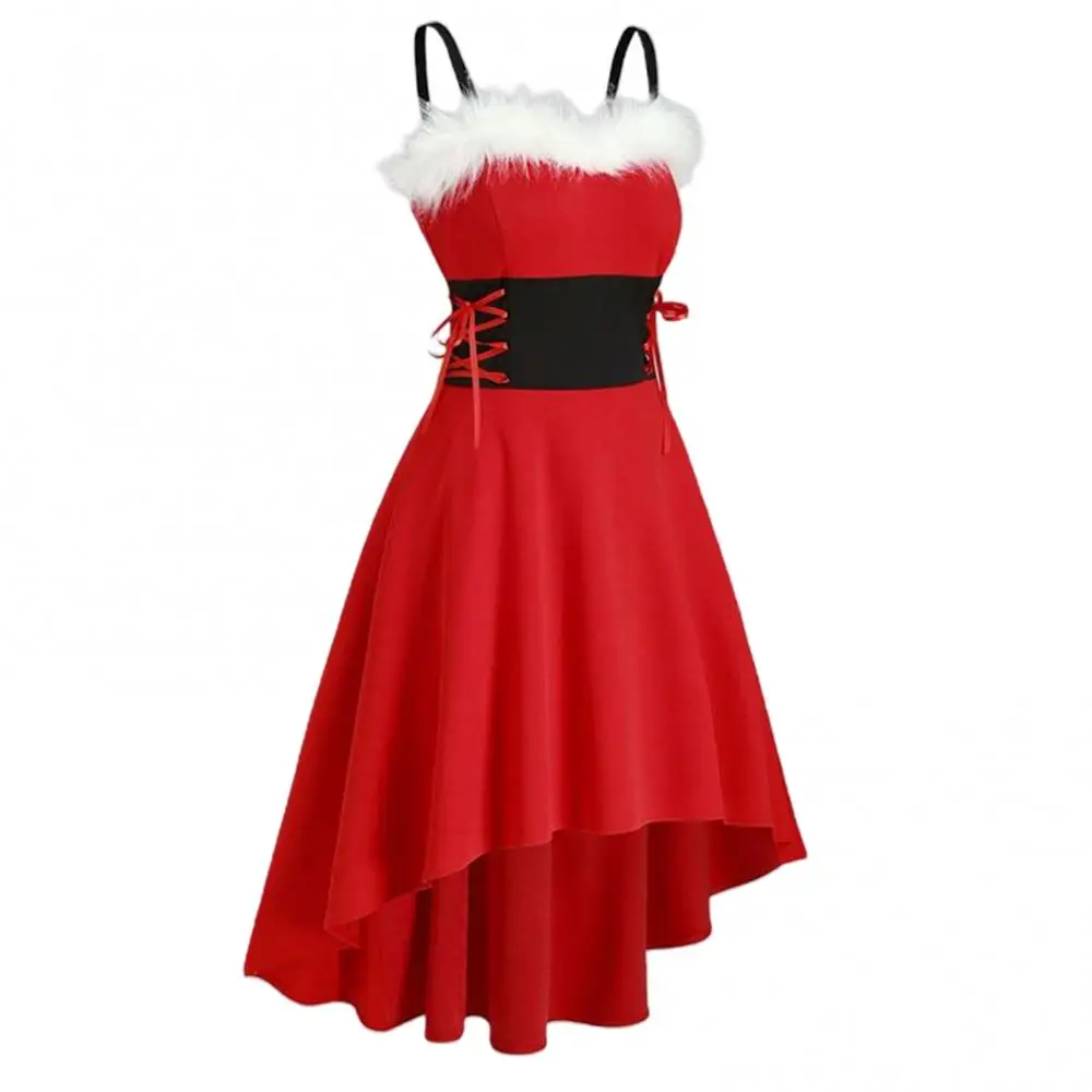 

Christmas Dress Women Autumn Sleeveless Strap Shoulder Straps Waist Tight High Low Hem Party Dress Christmas Costume