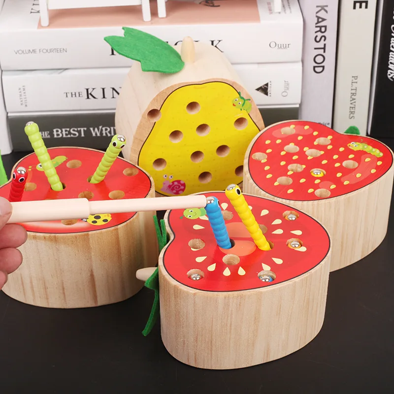 

Baby Wooden Toys Catching Worms Puzzle Game 3D Cognitive Strawberry Grasping Ability Wooden Toy Magnetic Fishing Montessori Game