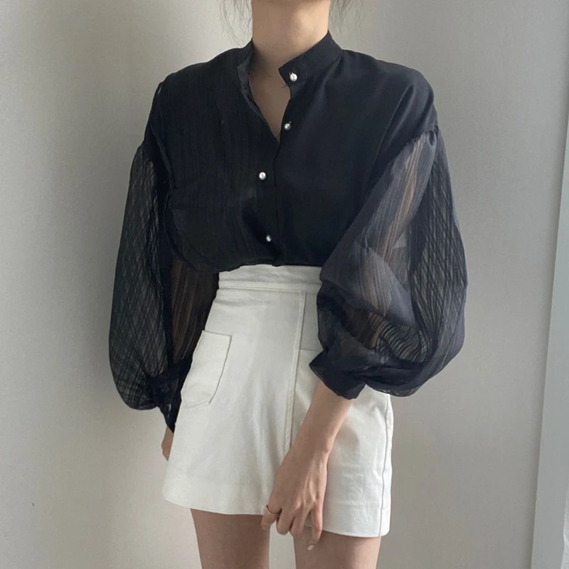 

New 2021 Spring Summer Blouses Shirts Vintage Oversize Patchwork Tulle Transparent Korean Style Lady Wild Top
