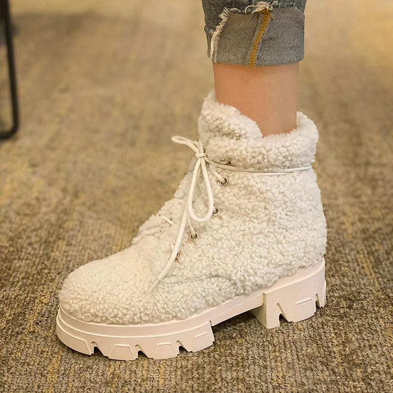 

2020 Winter New Warm Leather Muffin Sole Short Boots Women's Boots Plus Velvet Thick Bottom Increase Lace Up Snow Boots Tide