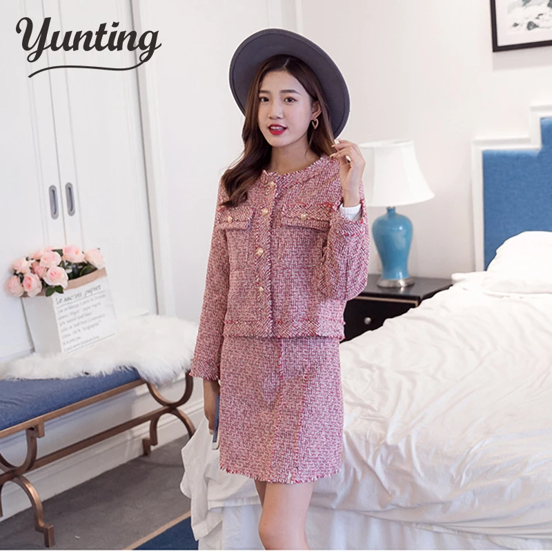 

2020 Autumn Winter Tweed 2 Piece Set Women Slim Plaid Short Set Fashion Tweed Tassel Single Breasted Jacket Coat + Skirt Suit