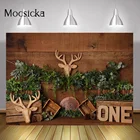 Фон для фотосъемки новорожденных с изображением дикого торта на день рождения, коричневого дерева, джунглей, лось, портрет на 1-й день рождения с зелеными листьями