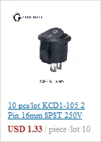 10 шт./партия KCD1 15*10 SPST 250V 3A 2 Pin Красный переключатель для лодки кнопка включения выключения