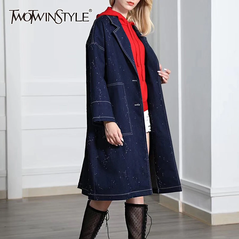 TWOTWINSTYLE джинсовая женская ветровка с длинными рукавами и карманом Свободный