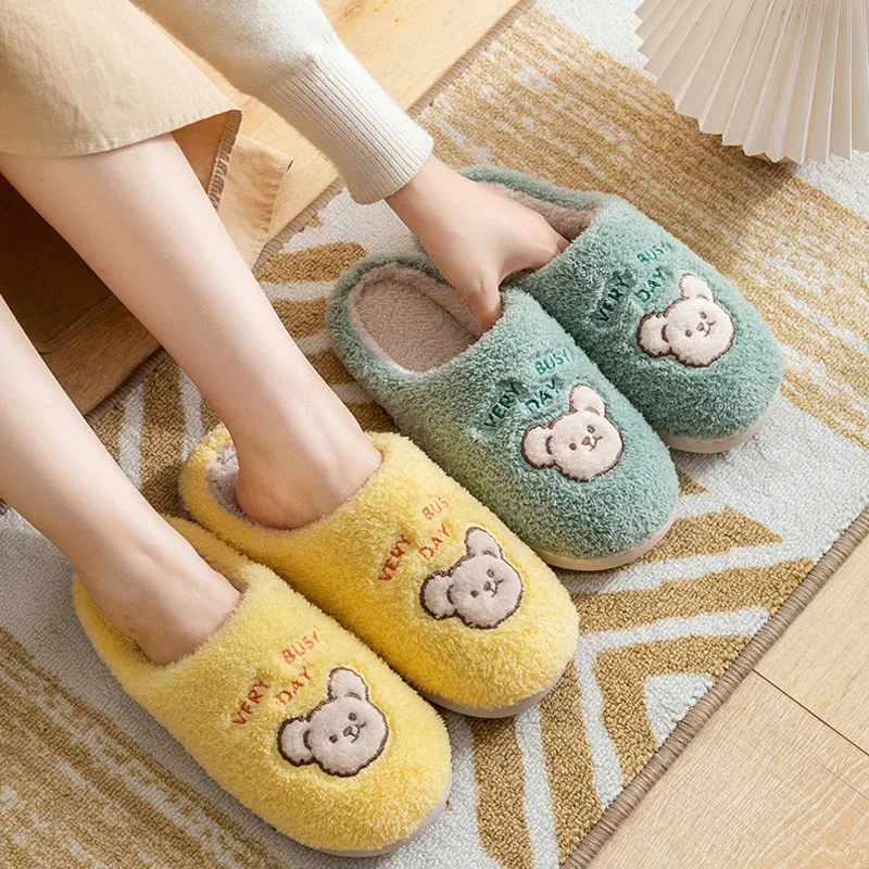 

Home Women Men Warm Slippers Winter Plush Indoor Bedroom Cotton Shoes Non-slip Cartoon Bear Lovers Boyes Girls Furry Fur Slides