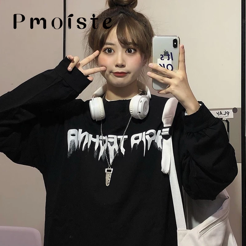 

Harajuku Oversized Graphic Letters Print Hoodies Harajuku Black White Long Sleeve Sweatshirts Womens Causal Thick Pullovers