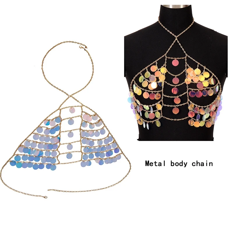 

Sexy Women Beach Vacation Body Chain Dazzling Colorful Bra Chain Festival Carnival Wear Glamour Girl Preferred Jewelry