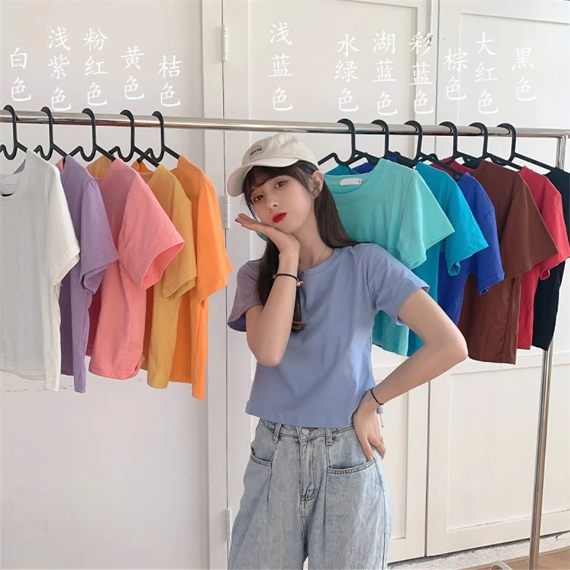 

Модная брендовая Однотонная футболка в гонконгском стиле с коротким рукавом, женская летняя свободная футболка в Корейском стиле Харадзюк...